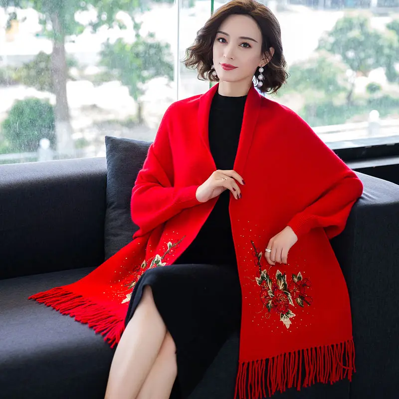 

Autumn and winter poncho three-dimensional embroidery scarf with sleeves shawl dual-use winter women cape all-match coat female