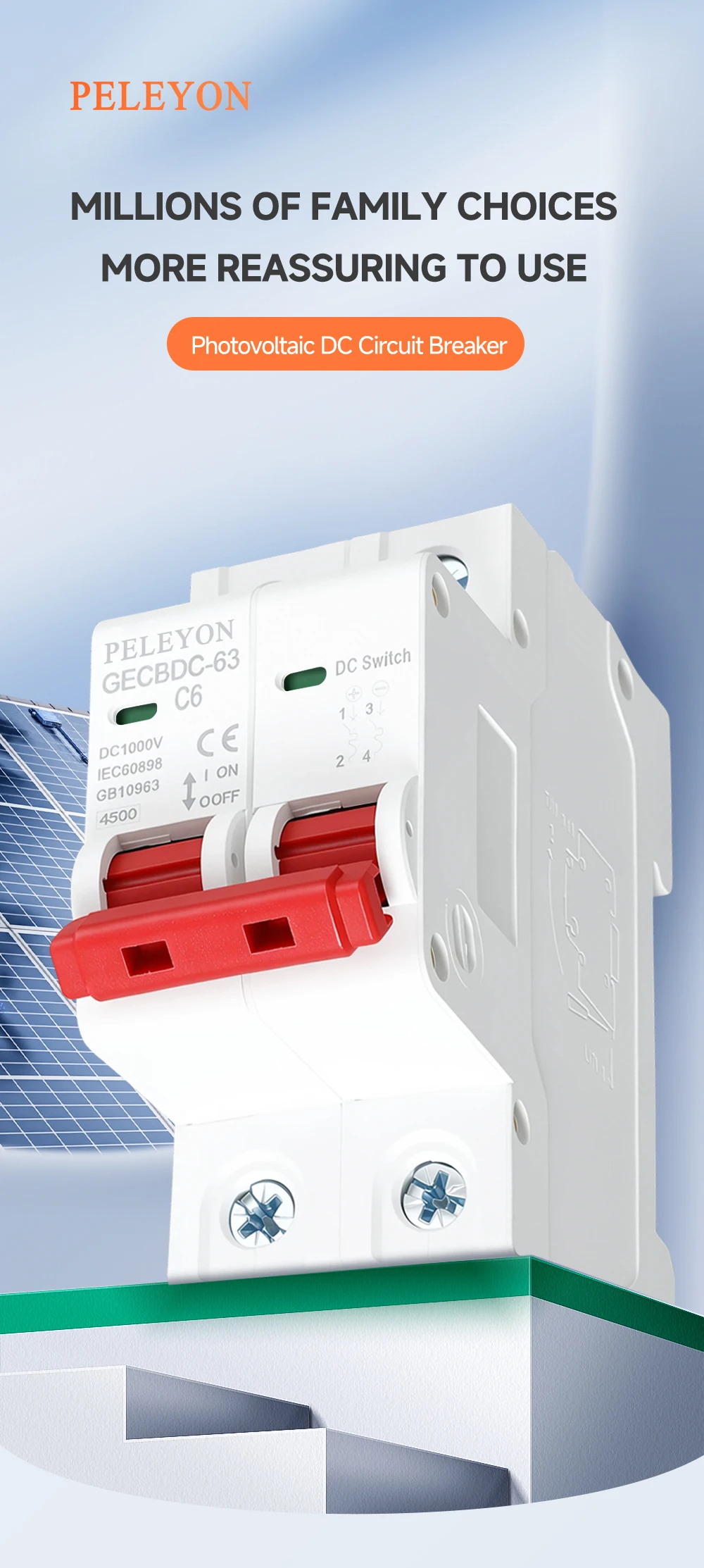DC 1000V 1P 2P MCB Solar-Miniatur-Leistungsschalter Überlastschutzschalter 6/10/15/20/25/40/50/63A/80/100A DC1000V Photovoltaik-PV – Detail 1