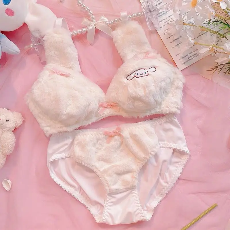 Cute Cinnamoroll Plush Fluffy Bra & Briefs Sets for Women Sweet Sexy Oversize Underwear Winter Soft Lingerie Clothes