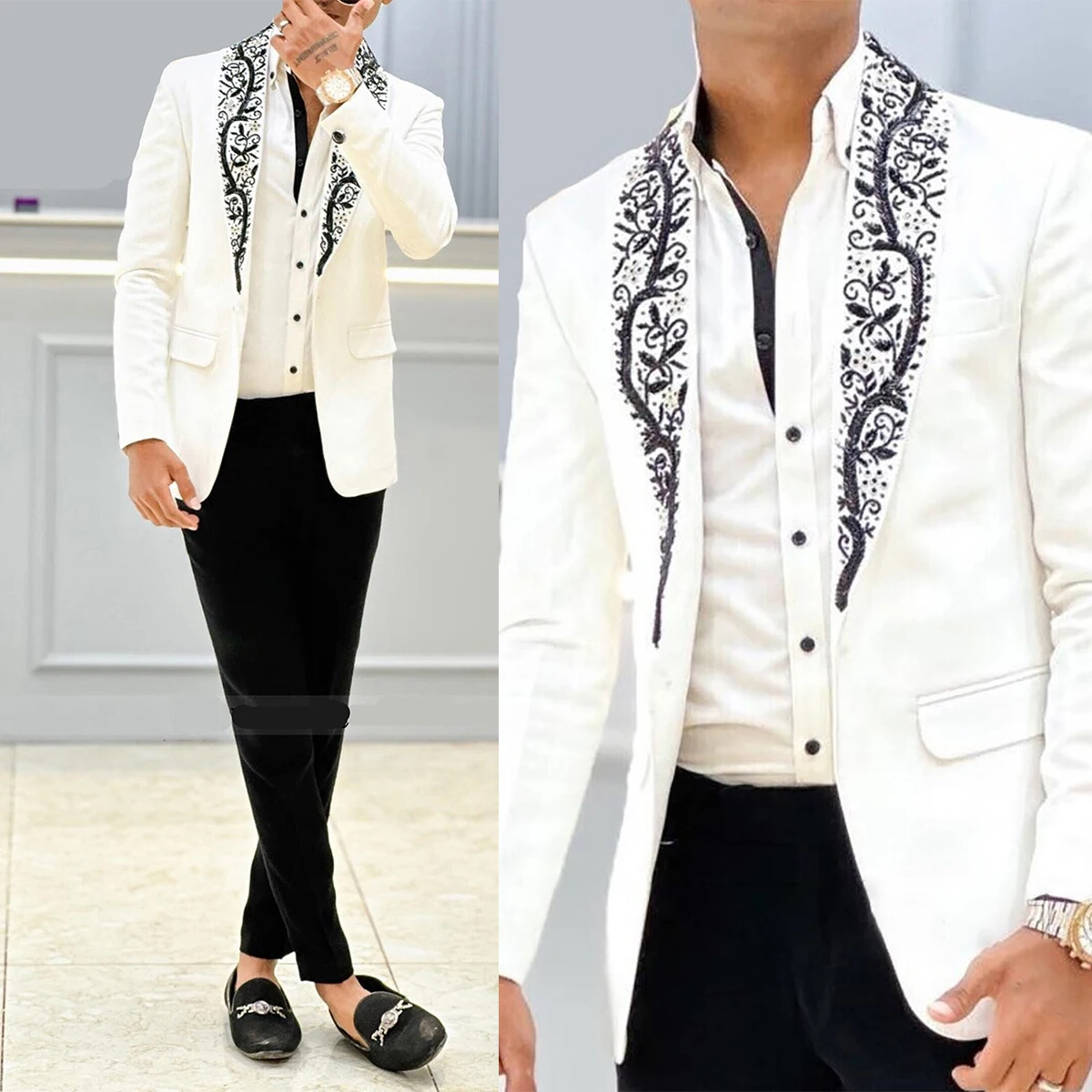 Floral Jacquard Men's Wedding Suits Appliques Shawl Lapel Tuxedos Slim Fit Groom Wear 2 Pcs Jacket Pants Customize Homme