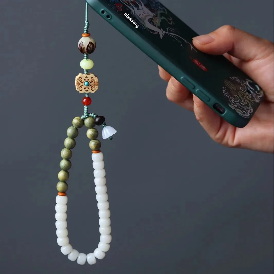 الطبيعية الأبيض اليشم لوتس البذور التبتية نمط المفاتيح DIY بها بنفسك الهاتف المحمول سلسلة بدلاية البوذية سبحة صلاة مجوهرات اكسسوارات #4