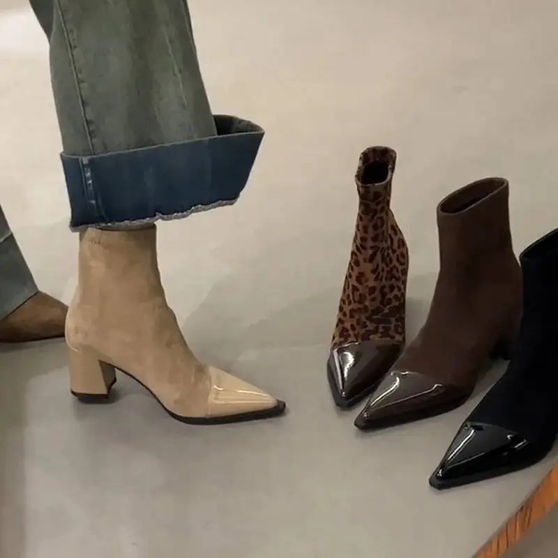 

Pointed Toe Ankle Boots For Women 2025 Autumn Winter Fashion Suede Patchwork Chunky Heel Elastic Skinny Boots