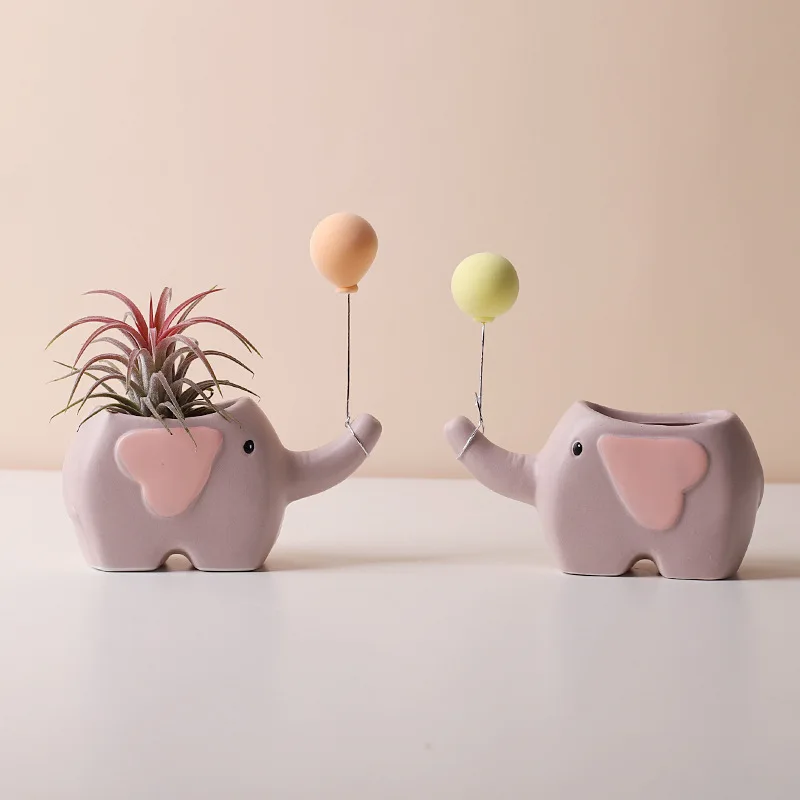 Cute Dinosaur Elephant Ceramic Planter Set With Balloon Ornament Mini Succulent Air Plant Pot Desktop