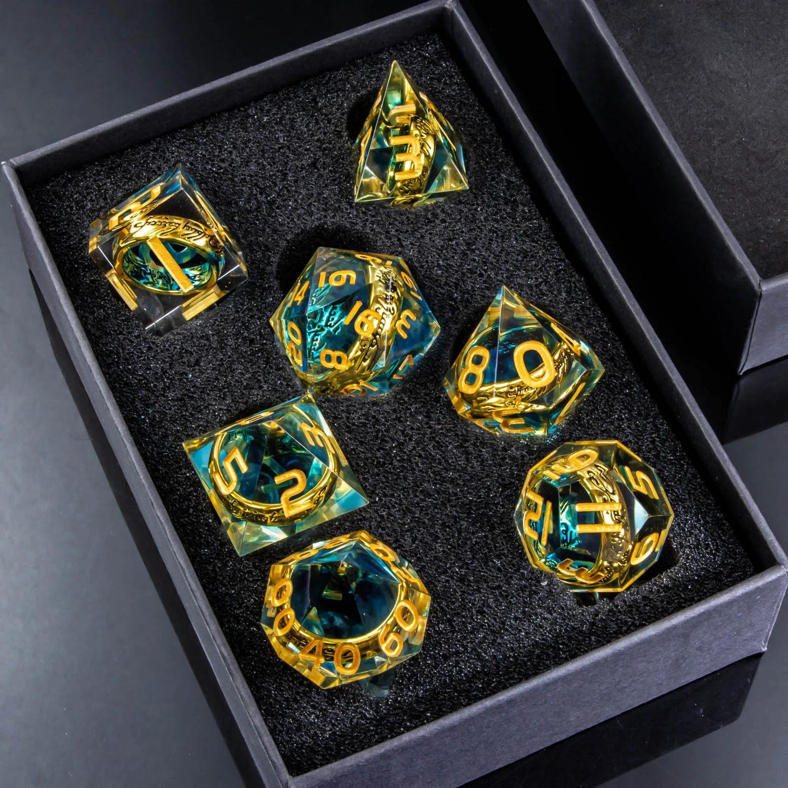 

Magic Lord Rings Dice Set, 7Pcs DnD Dice Set Dungeon and Dragon, LOTR D&D Dice Set for Role Playing, Blue Sharp Edge Resin Dice