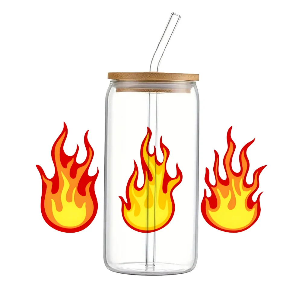 Colorful Hot Fire Flame Pattern UV DTF Transfer Sticker Waterproof Transfers Decals For 16oz Glass Cup Wrap Stickers