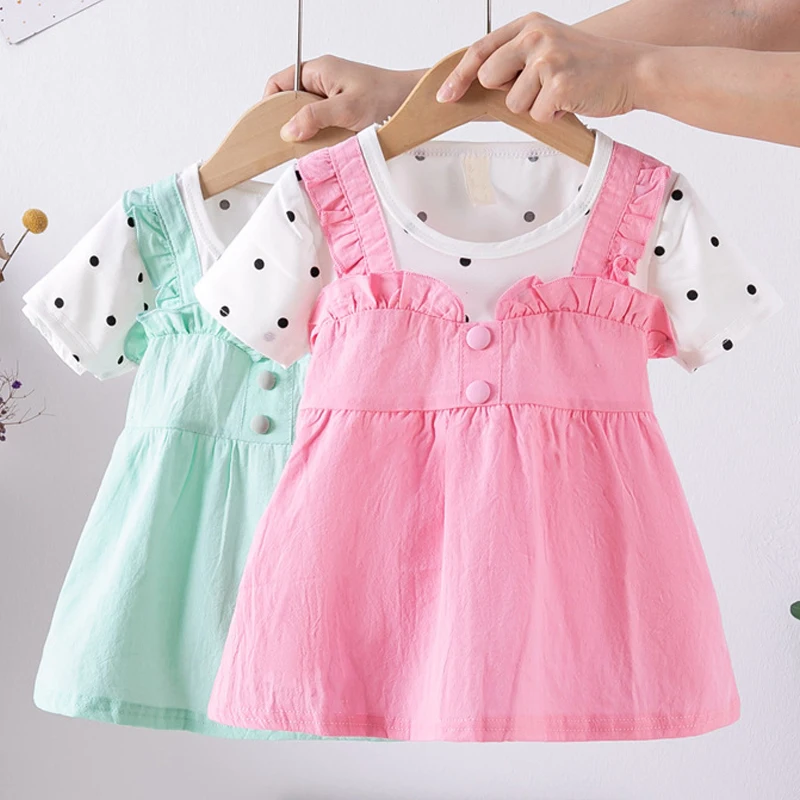 Summer Kid Girl Dress Short Sleeve Solid Children Clothing Birthday Party Princess Costume Toddler Girl Suit Infant Outfit A1198