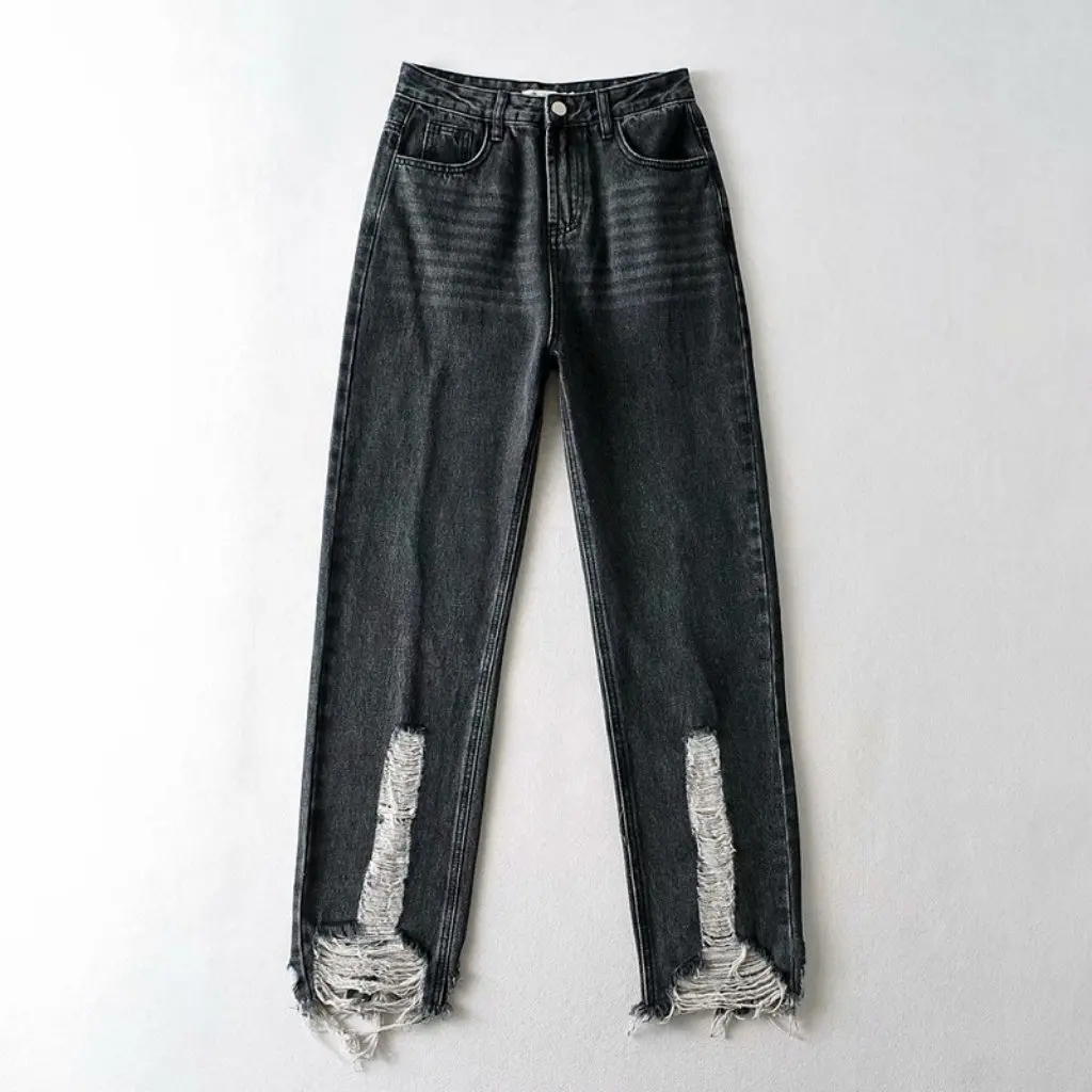 YPFF Calça jeans feminina cintura alta emagrecedora reta moda europeia americana verão redução de idade com rebarbas e buracos