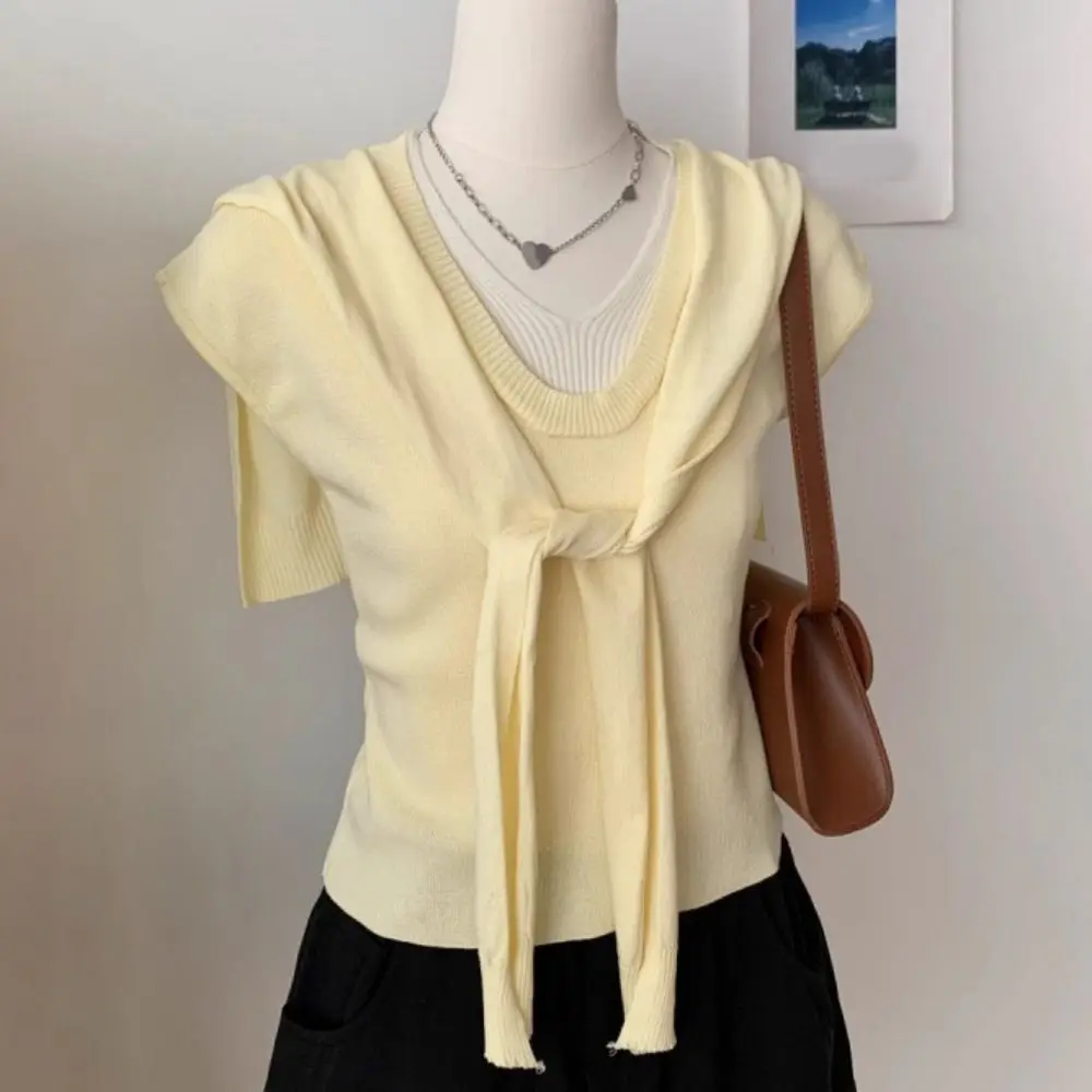 

Lace-up Fake Two Pieces T-shirts Patchwork V-neck Slim Knit Crop Top Short Sleeve Korean Style Sweet Girl's Tees Top Summer