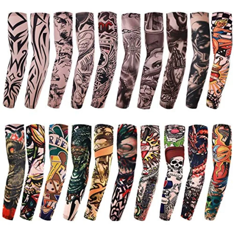 

20PCS Set Arts Fake Temporary Tattoo Arm Sunscreen Sleeves Designs Tiger, Crown Heart, Skull, Tribal and Etc