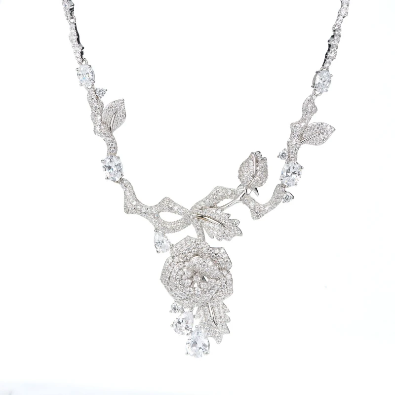 

Bellux French Romantic Rose Garden Necklace Light Luxury Full Diamond Zircon 925 Silver Wedding Banquet Charm White Necklace