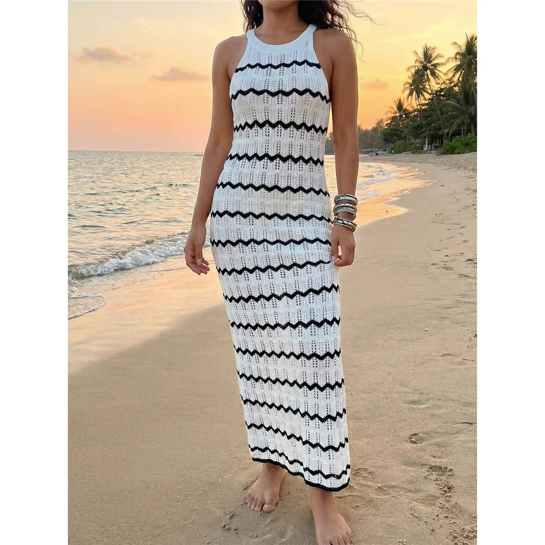S - XL Neues gestreiftes, ärmelloses, gehäkeltes, gestricktes Tunikakleid, Strandkleid, Strandmode, Damen V8353 – Detail 3