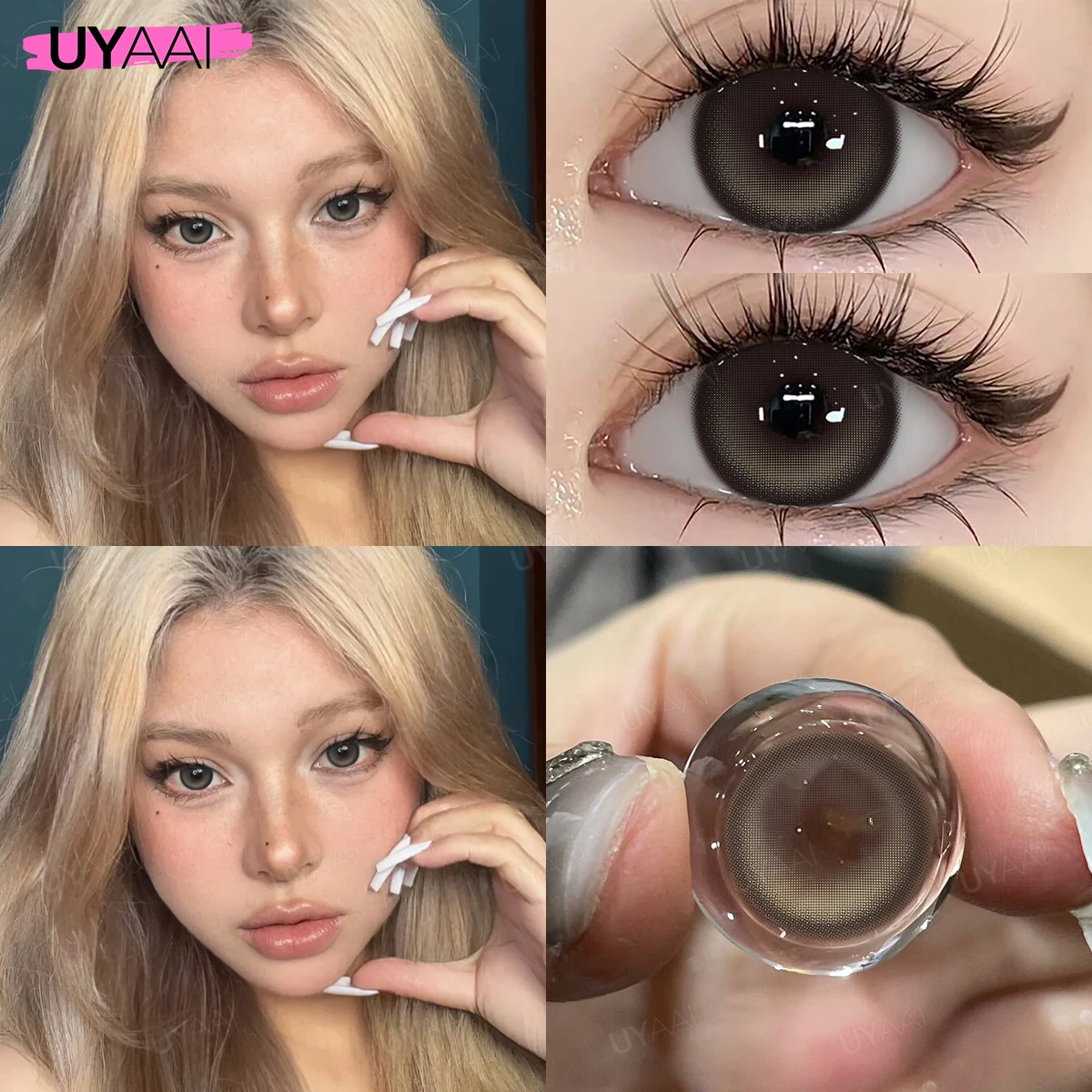 UYAAI Korea Fashion Beauty【1*contacts Lenses+1*tweezers+1*lenses Case】Yearly Soft Lenses Comfort Brown Eyes Gray Gloss Eyes