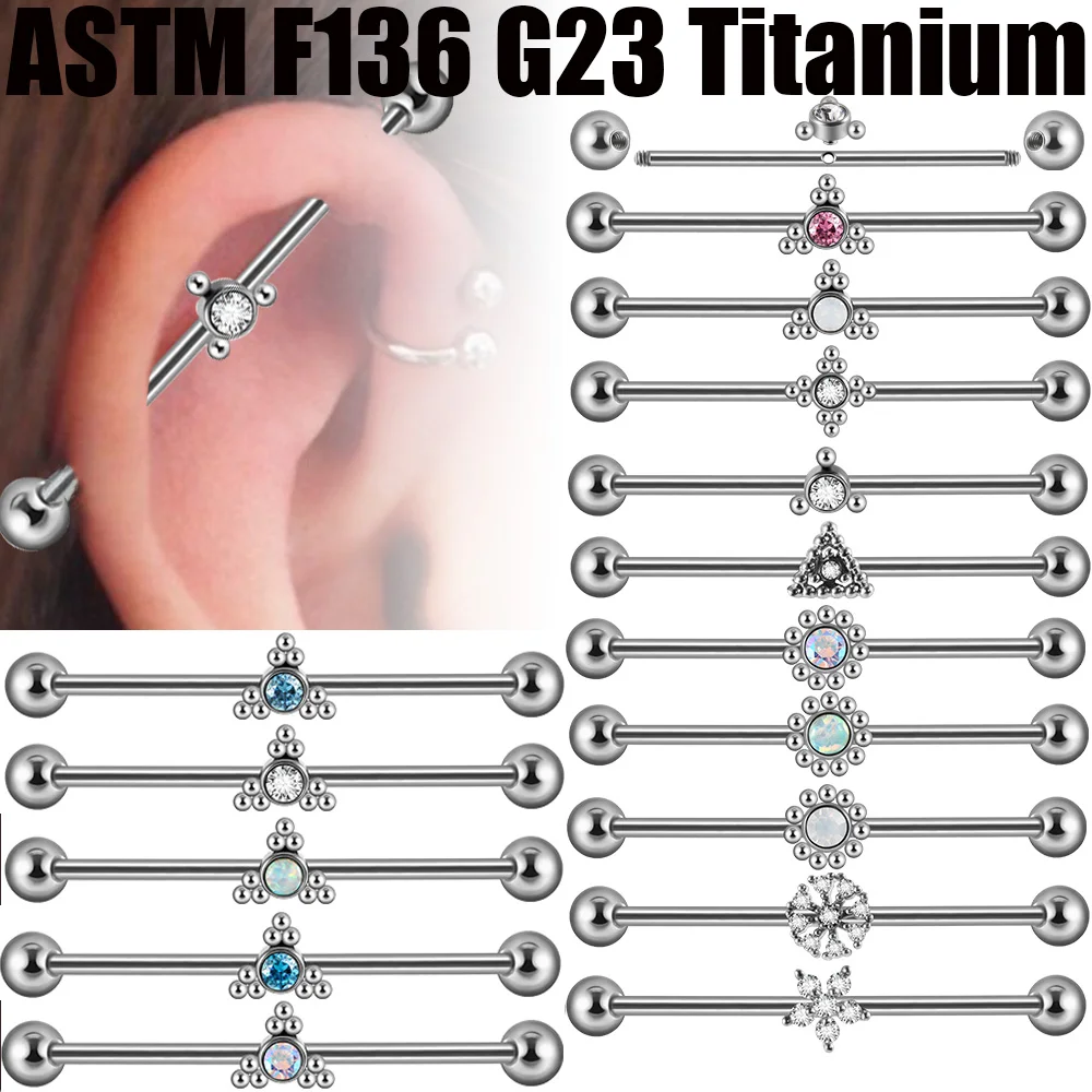 1PC G23 Titanium Opal Industrial Barbell Screw Crystal Zircon Industrial Earrings Cartilage Tragus Helix Piercing Body Jewelry