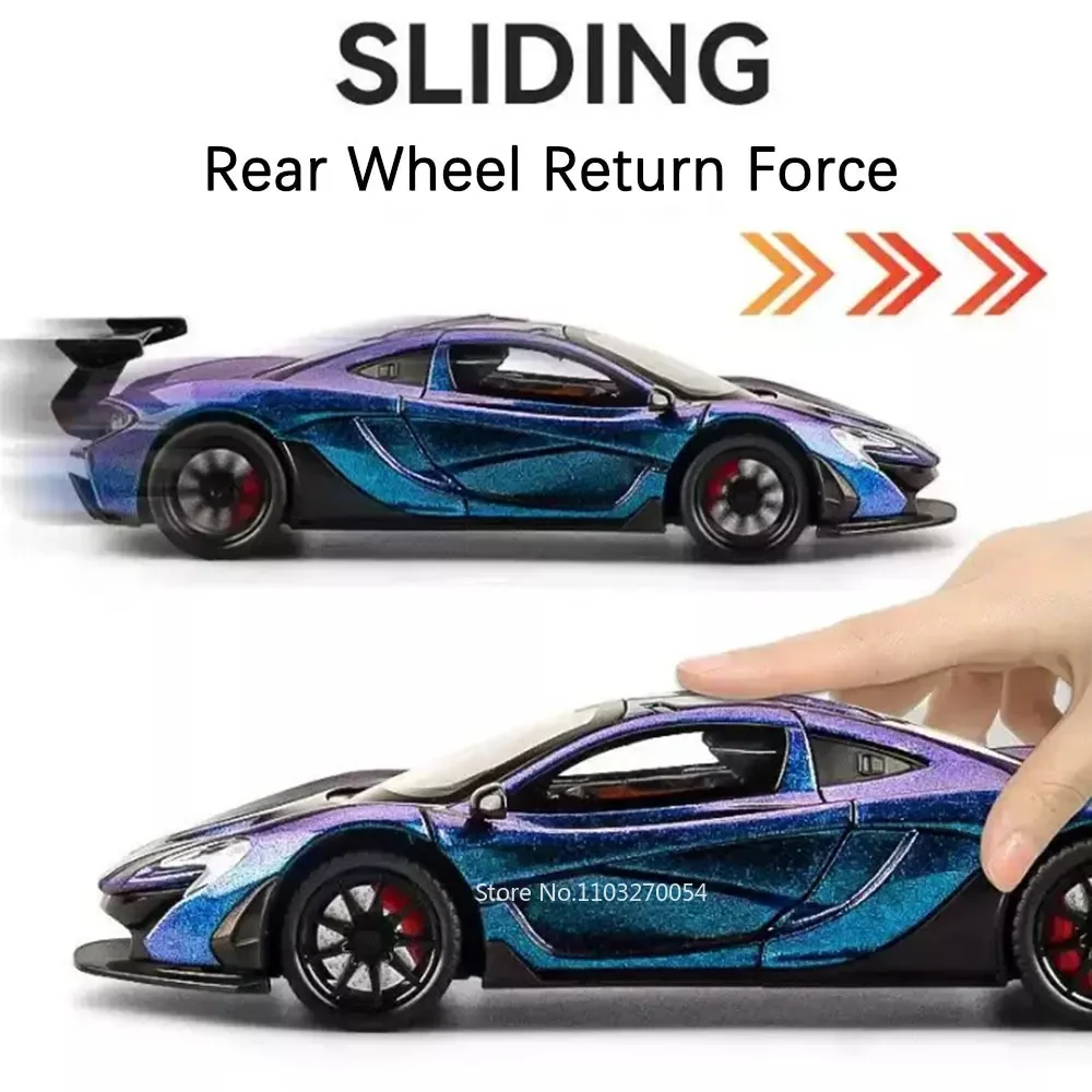 1:24 MCL P1 Toy Car Alloy Models Diecast Metal Supercar Sound Light Pull Back Doors Opened Miniature Model Boy\'s Birthday Gifts