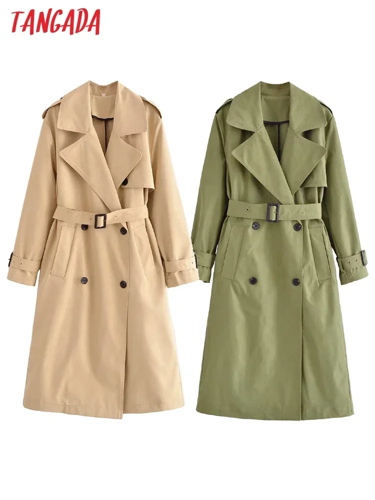 Tangada 2023 Women Khaki Classic Trench Coat with Belt Elegant Female Windbreak QN238