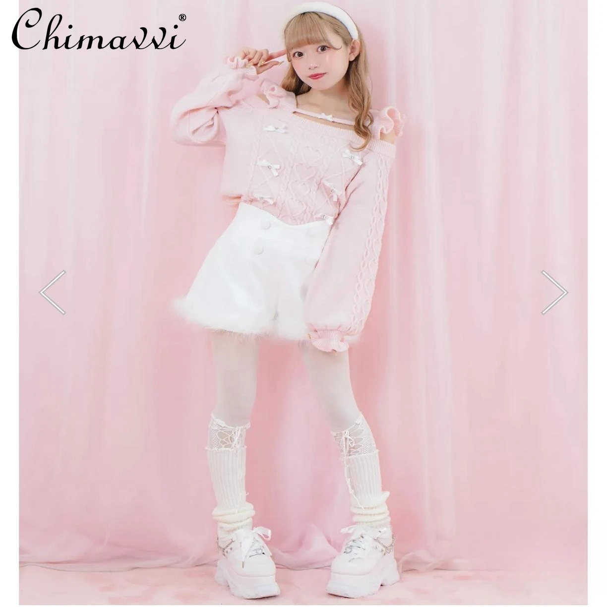 Japanese Mine Series Sweet Bow Suspender Knitted Top Autumn and Winter New Cute Girl Womens Slim Kawaii Lolita Y2k Sweater