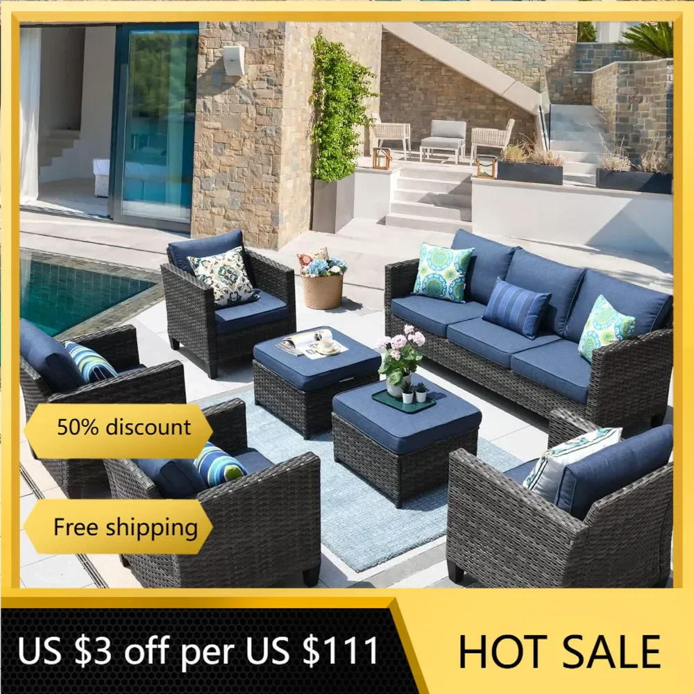 Patio Furniture Set, 7 Pieces Outdoor Wicker Rattan Sofa Couch with 4 Chairs,All Weather High Back Conversation Set