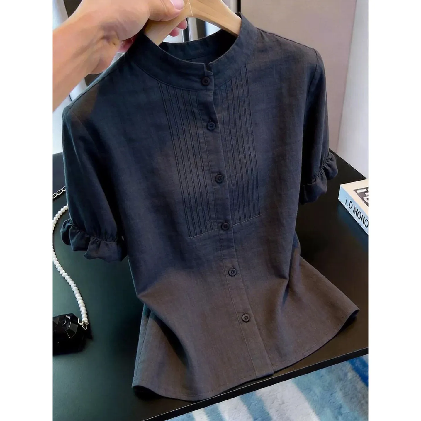 

Elegant Single-Button Short-Sleeve Women's Shirt Commuter Style Dark Blue Versatile Fashionable Summer New Arrival Top