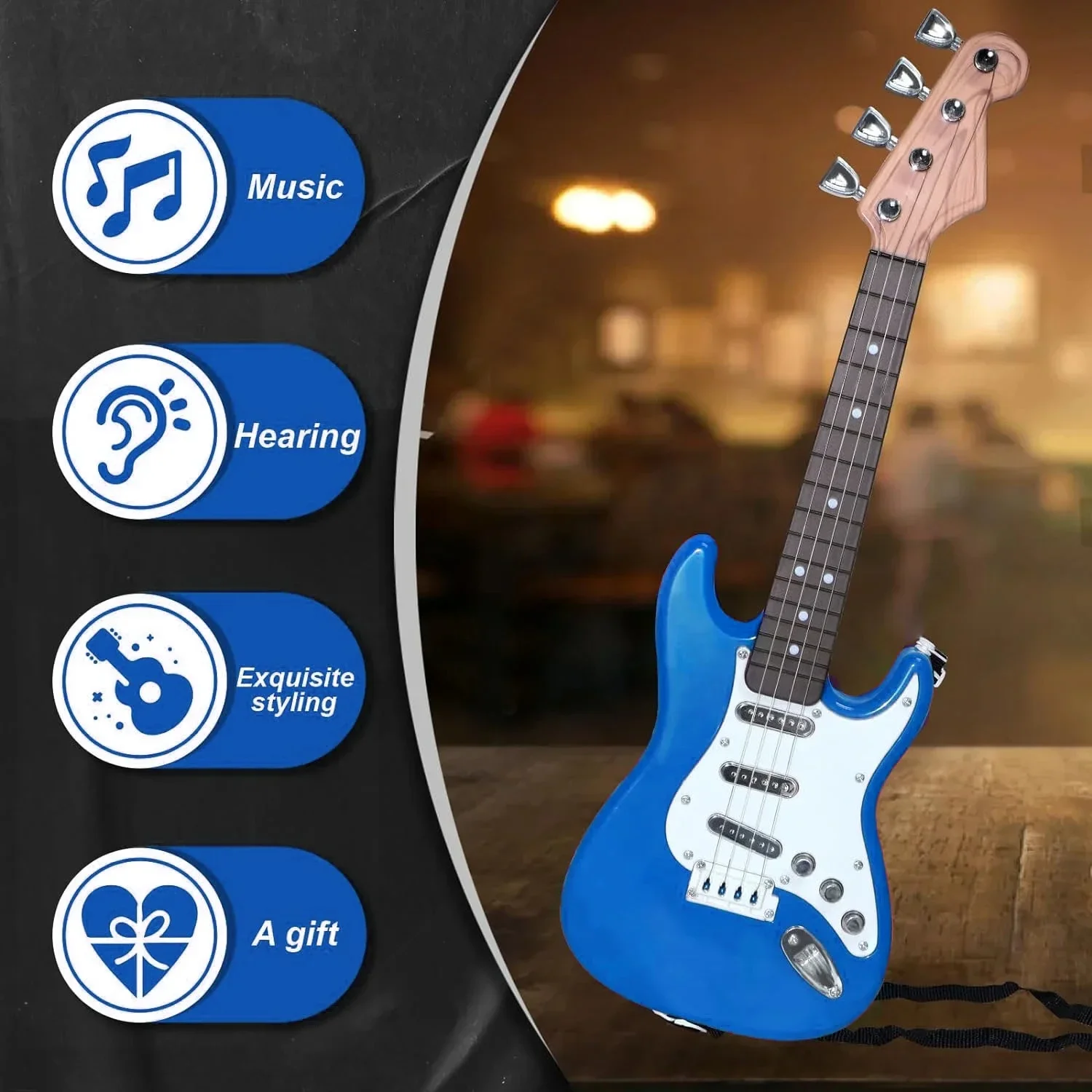 Giocattolo per chitarra elettrica per bambini da 17 pollici con 4 corde e luci a LED - Strumento musicale ricaricabile per compleanno, campeggio, regalo per feste