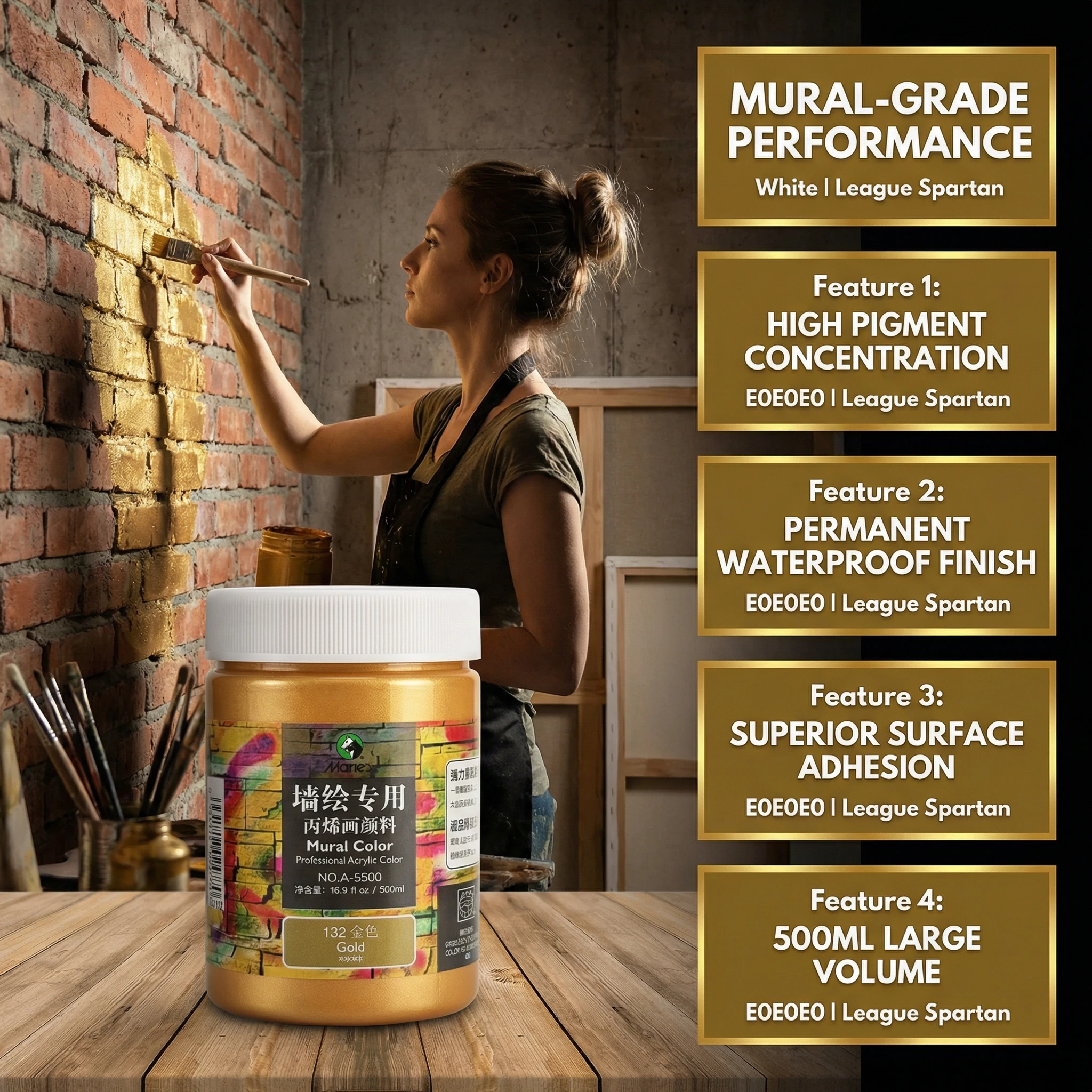 Marie's 500ml Acrylic Pigment Canned Art Painting Professional Supplies for Students Gold Color Pigment