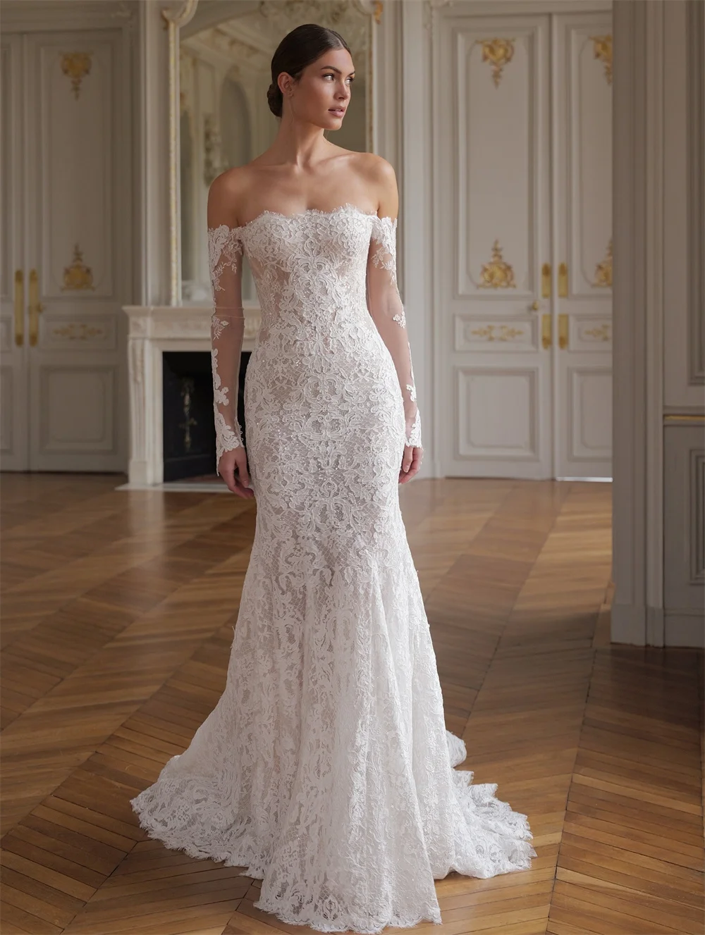 Tóquio personalizado branco fora do ombro vestidos de casamento mangas compridas voltar zip tribunal trem vestidos de noiva sereia vestidos de casamento