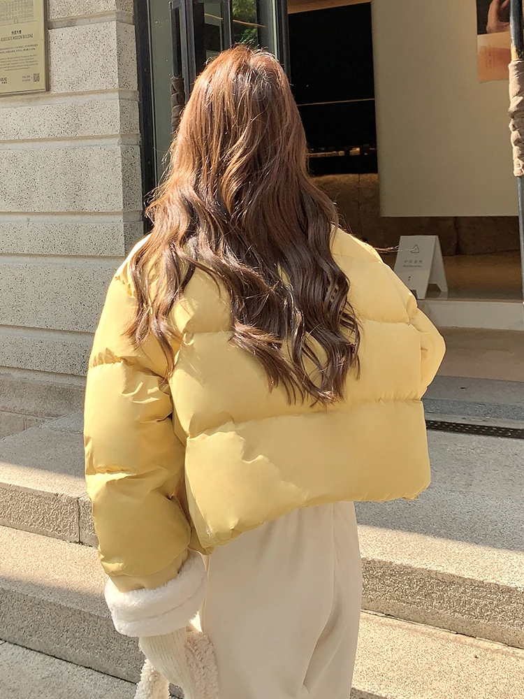 Jaqueta Curta de Inverno com Detalhes em Pele de Cordeiro Amarela Moda Fena Estilo  ular Versão Coreana