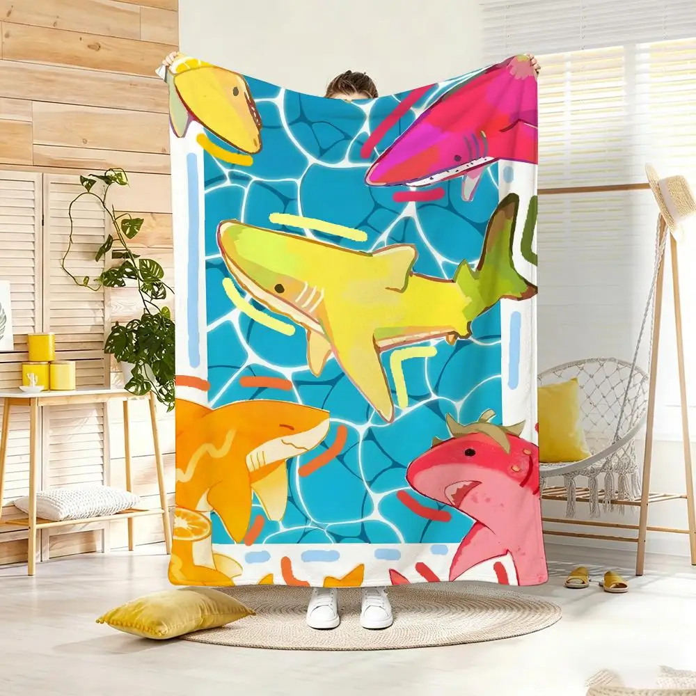 Pastel Healing Design Cute shark Throw Lightweight  Flannel Blanket Soft Skin-friendly for Summer Cooling