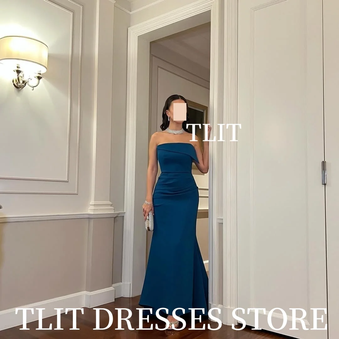 TLIT Elegant Diepblauw Elastisch Satijn Avondjurken Strapless Galajurken Enkellange Mouwloos Aangepaste فسات