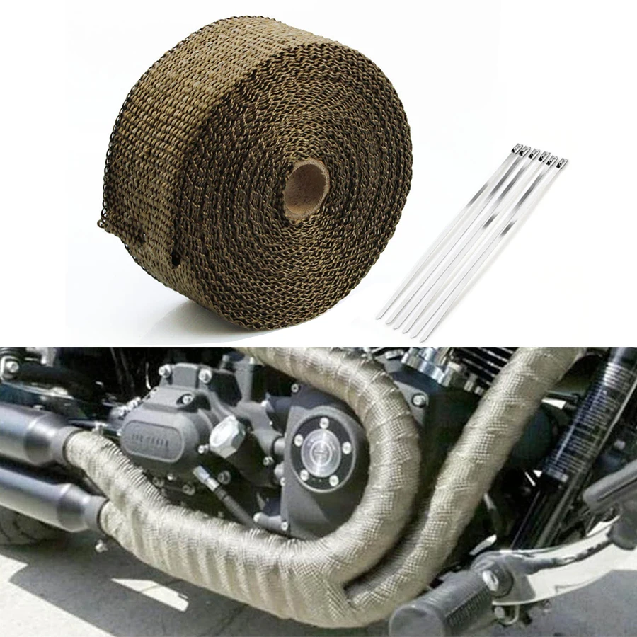 Hochwertiger 5M*5CM schwarzer Titan-Motorrad-Auspuff-Hitzeschutzschild aus Fiberglas mit Edelstahl-Kabelbinderband