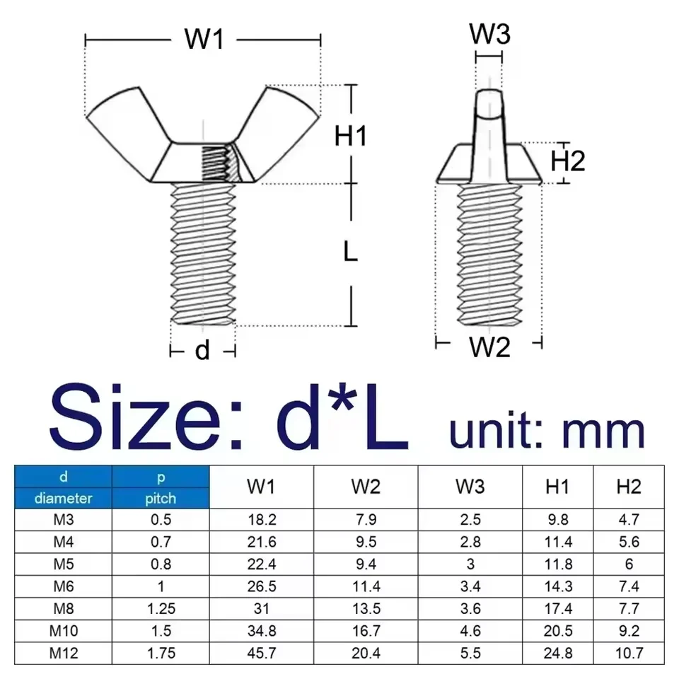 304 Stainless Steel M3 M4 M5 M6 M8 M10 M12 Butterfly Wing Bolts Hand Tighting Wing Head Thumb Screws