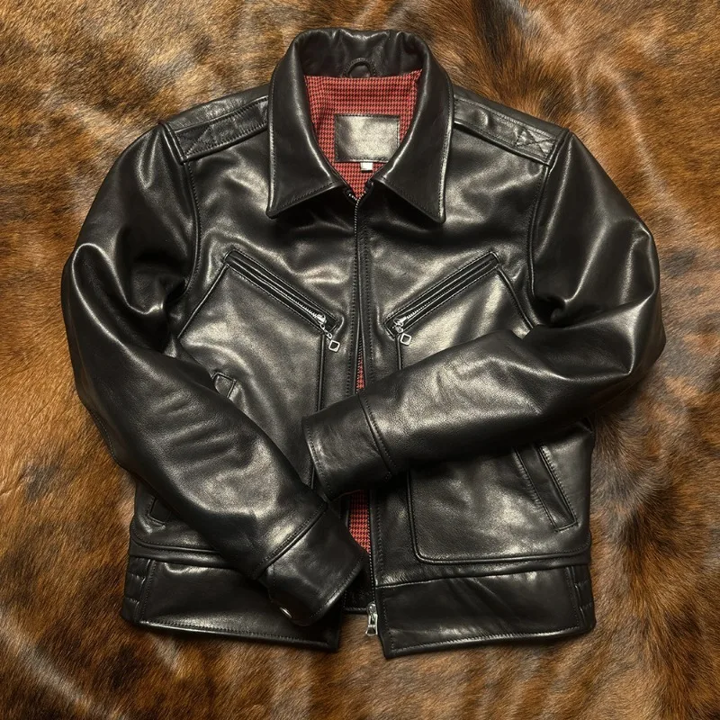 Full Grain Batik Calfskin Leather Jacket Men Women Short Fitted Lapel Vintage Trendy Motorcycle Chaqueta Cuero Moto מעיל אופנוע