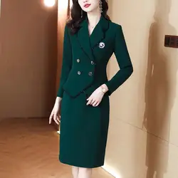 Business Suit Women Spring Autumn Office Lady Graceful Work Blazers Wrap Hip Skirts Two Piece Set Elegant Brooch Jacket Oufits