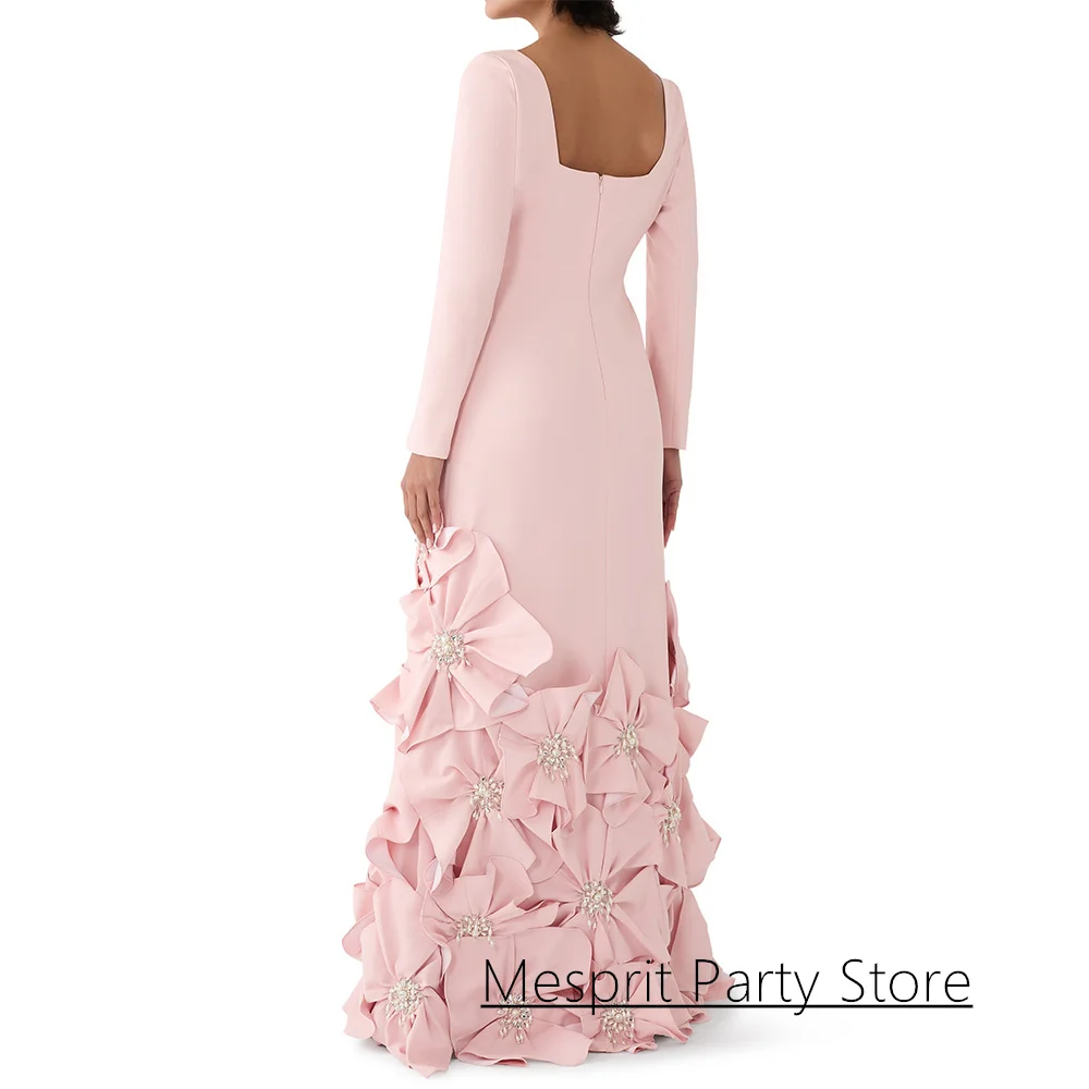 Fashion Pink Evening Dress Customized Square Neck Long Sleeves Pearls Flowers A Line Formal Prom Gown Pageant Party Dresses image 2