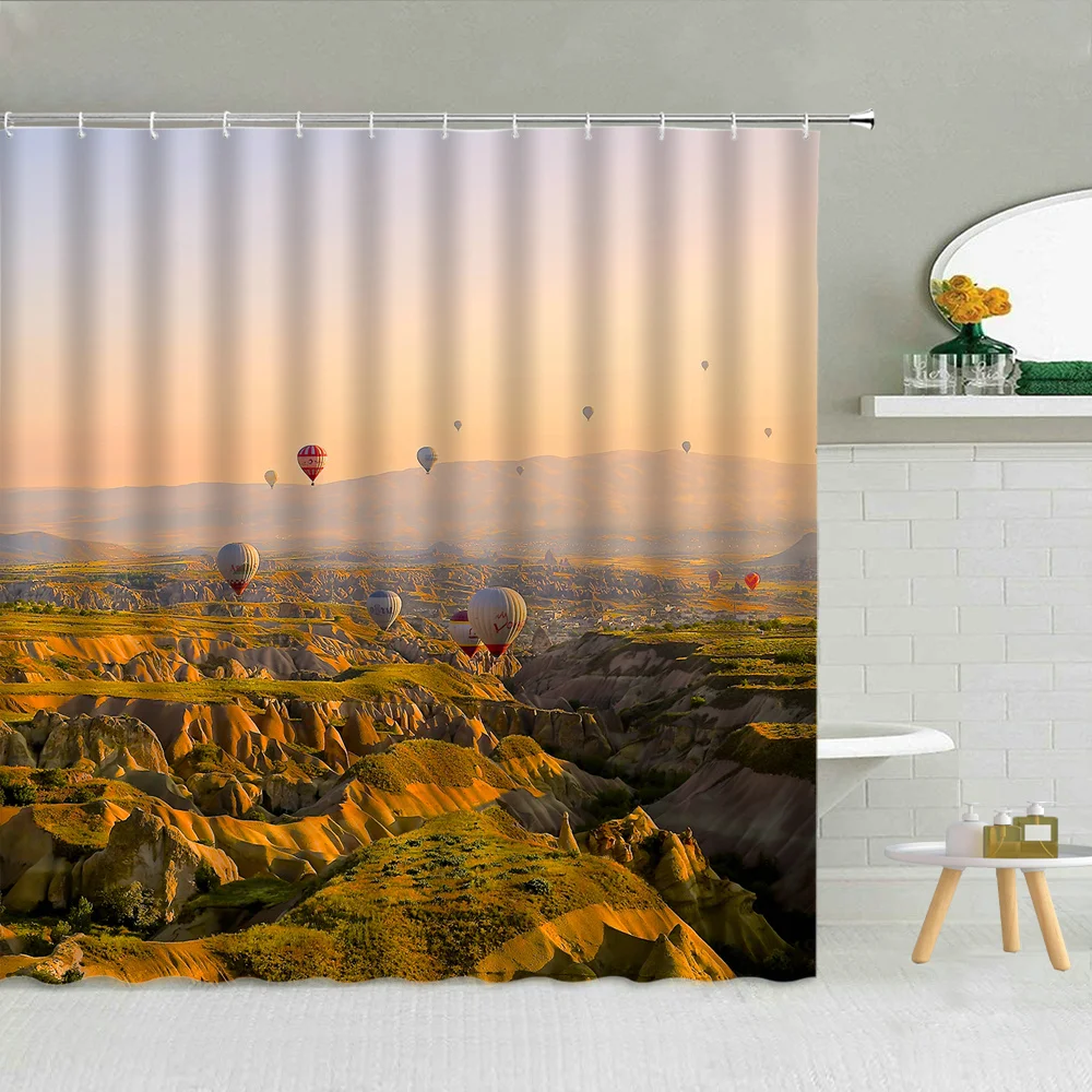 

Natural High mountain landscape Shower Curtain Hot Air Balloon Romance Turkey Bathroom Decor Waterfall Summer Scenery Curtains