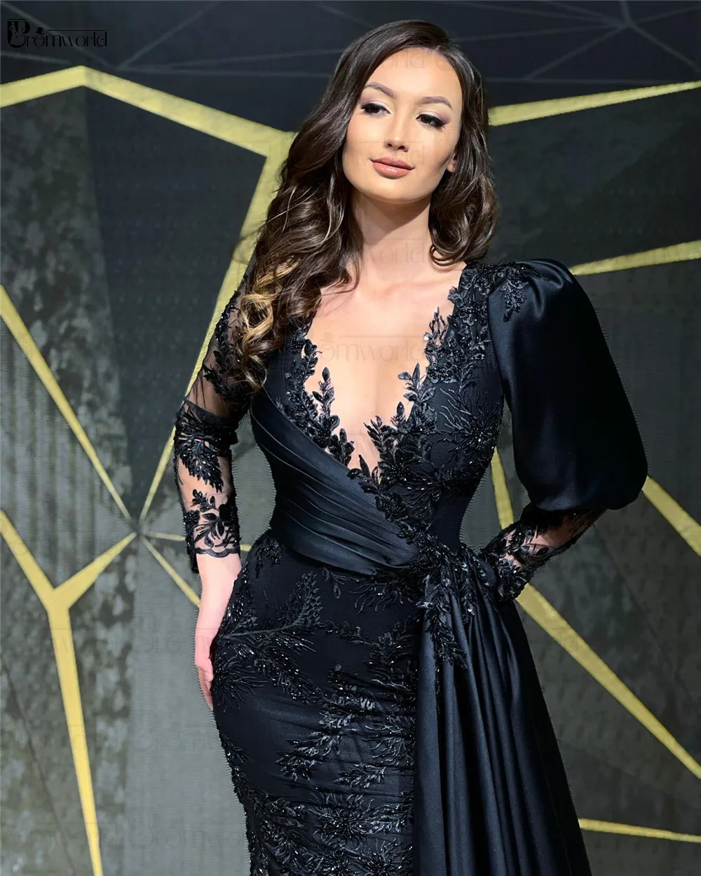 Robe de Soirée Sirène en Dentelle Noire, Tenue de Bal, de Fiançailles, Arabe de Dubaï, à Manches sulf