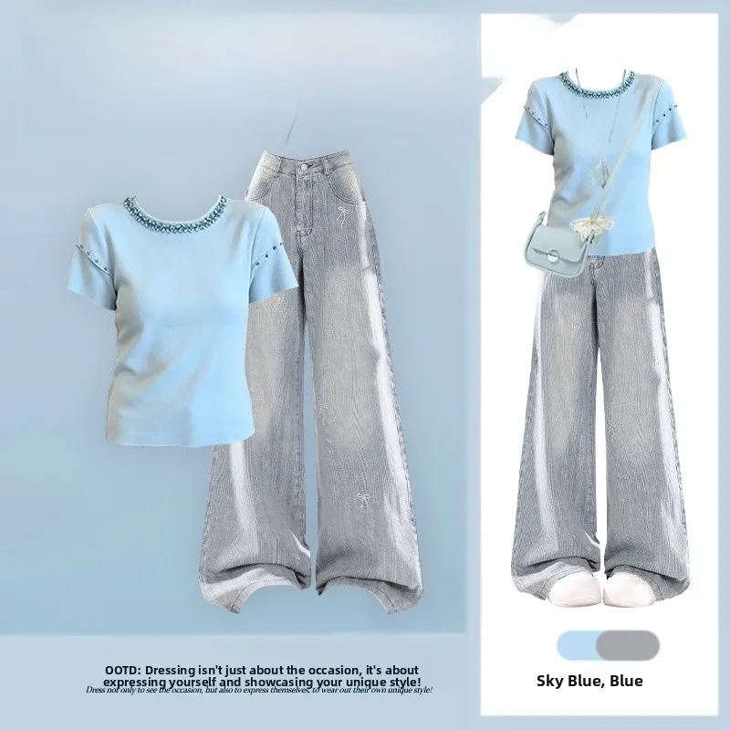 Summer Fashion Slim Fit Short Sleeve T-Shirt Top And Jeans Two Piece Set Anti-Aging High-End Feelings Beaded Women's Outfit