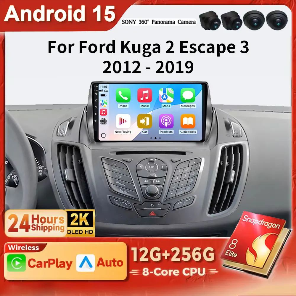 Android 15 For Ford C-MAX Kuga 2 Escape 3 2012-2019 2K QLED Video Player Head Unit GPS Navigation Auto Radio CarPlay 4G WIFI BT
