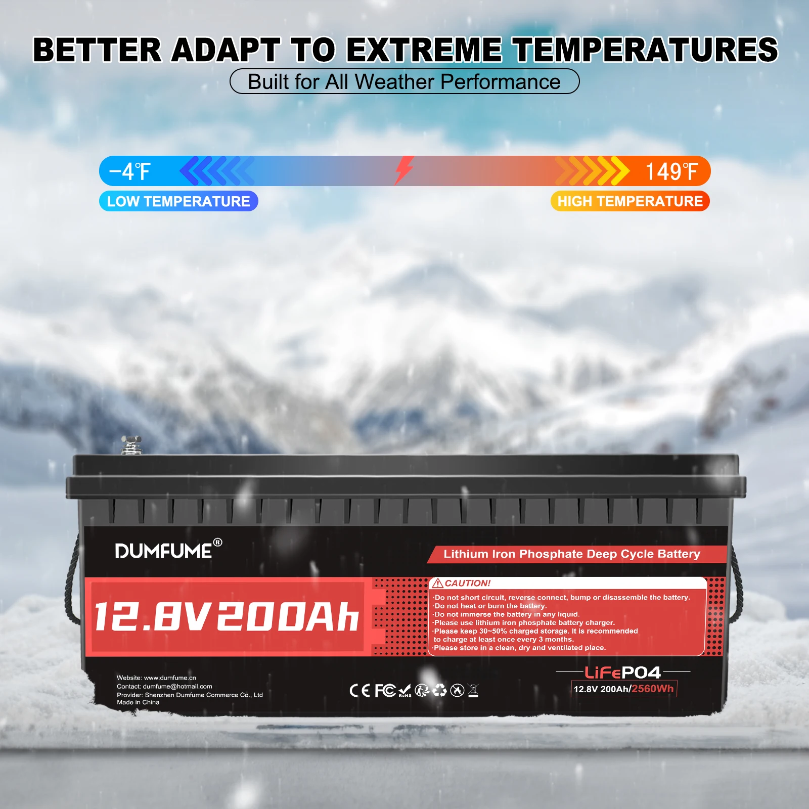 Dumfume 12.8V 200Ah LiFePO4 Lithium Battery 2560Wh Capacity Built-in 200A BMS for Solar Energy Storage Home Backup Off Grid RV