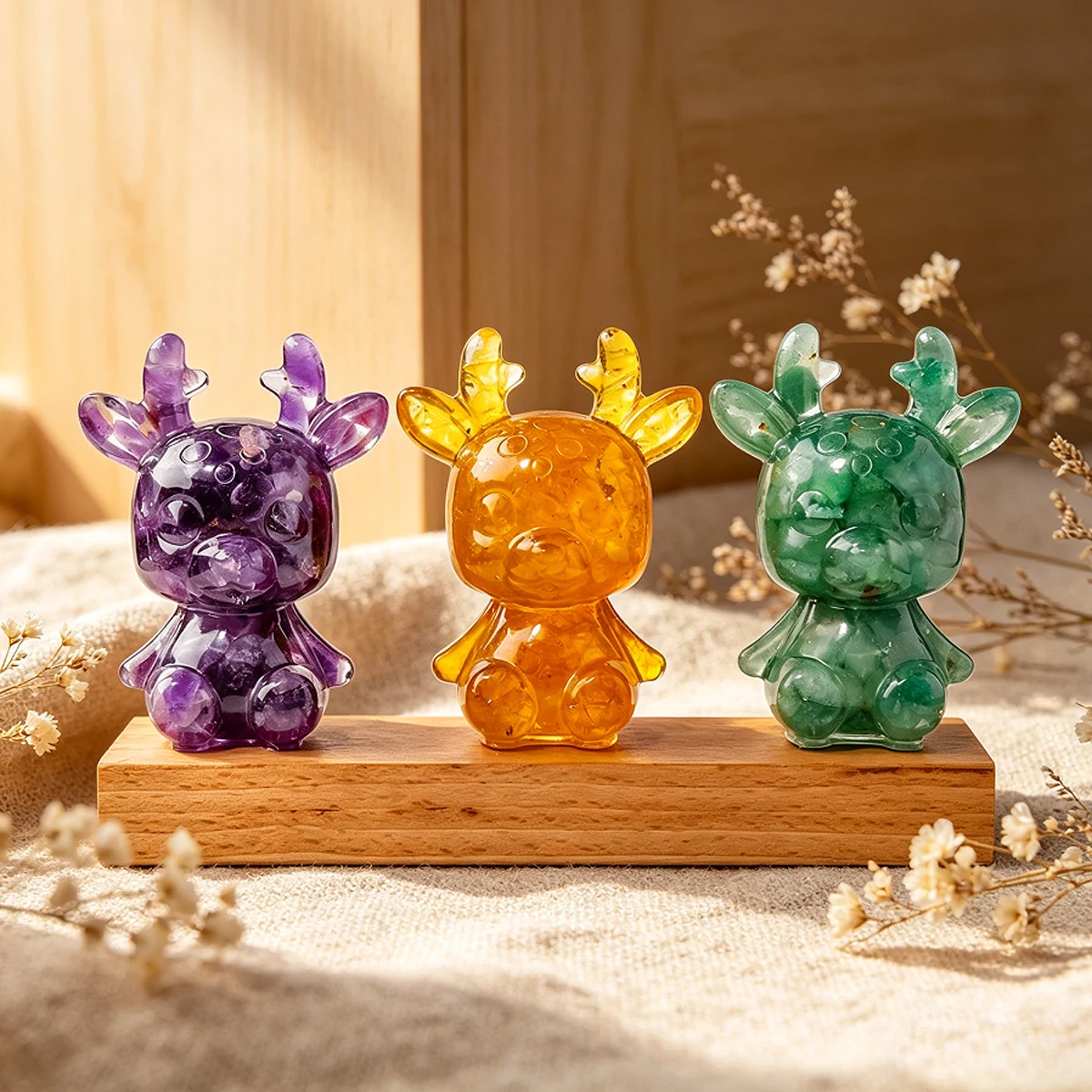 Cute Deer Figurine, Natural Crystal Chips Resin Elk Ornament, Healing Crystal Animal Desk Decor, Christmas Gift for Women