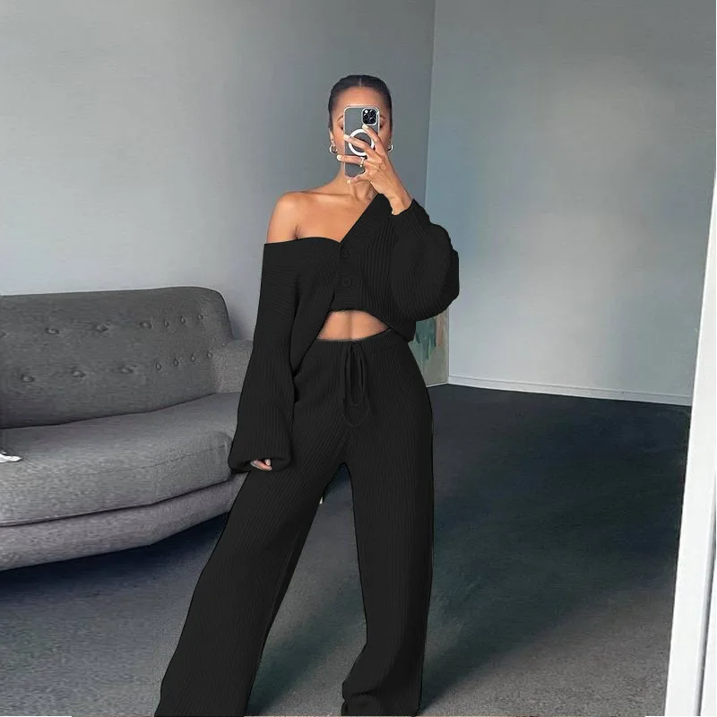 2025 Casual Fashion Women's Clothing Solid Color Cardigan Long-sleeved Knitted Sweater Trousers Two-piece Set Europe and America