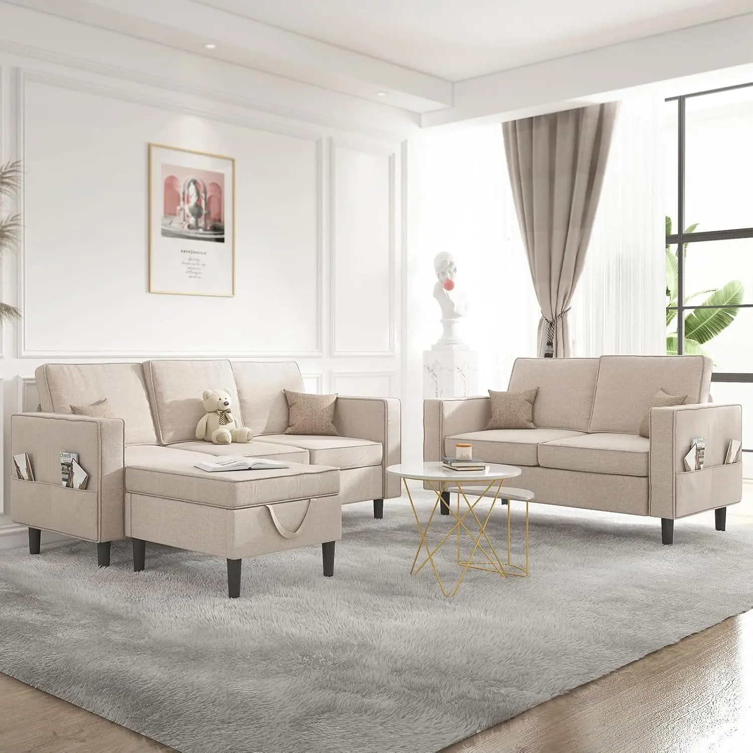 3 Pcs Sofa Set with Storage Ottoman, Living Room Set Has 8 Side Pockets