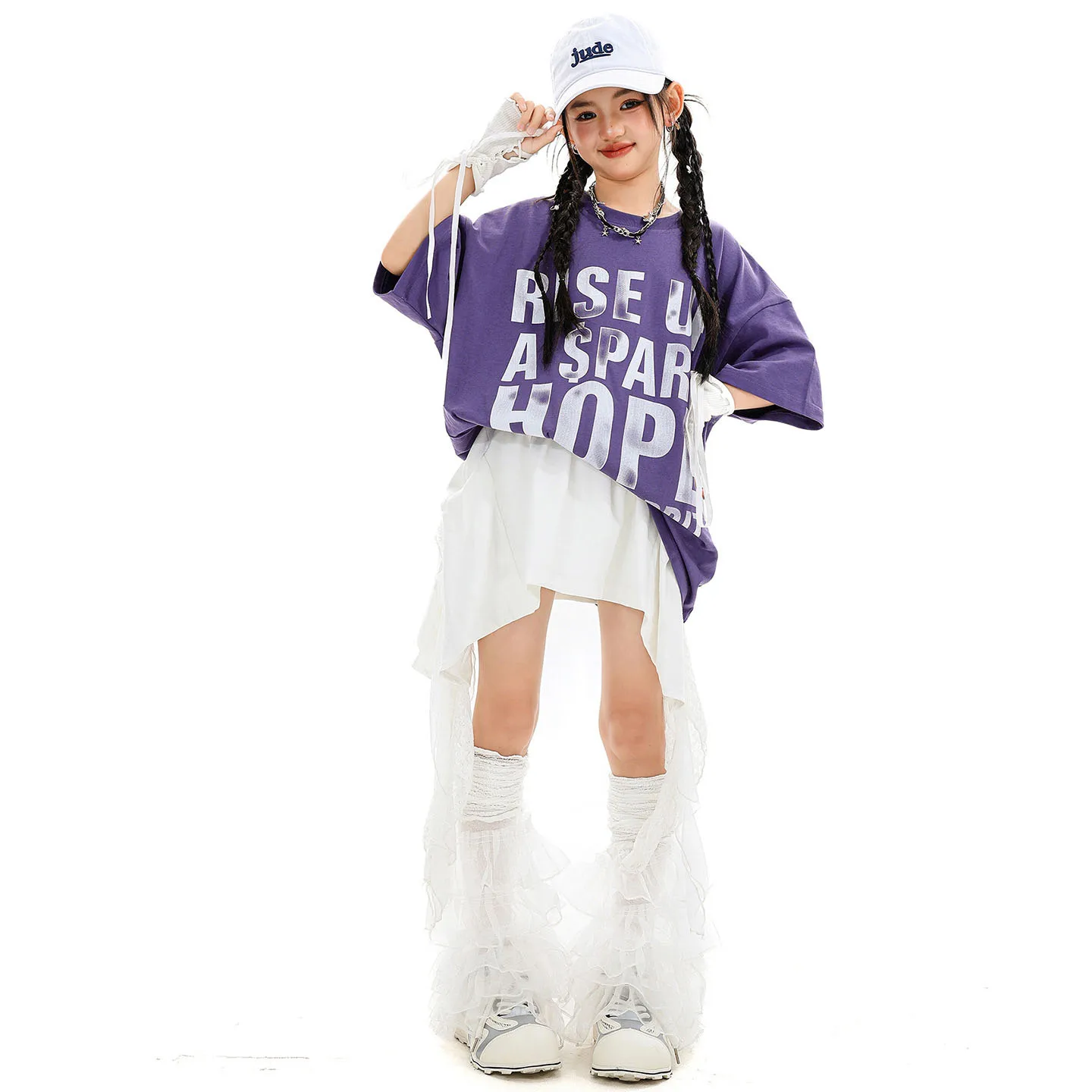 Criança kpop hip hop roupas letras roxas t camisa topo branco rua rendas cinta mini saia para menina jazz dança wear traje roupas