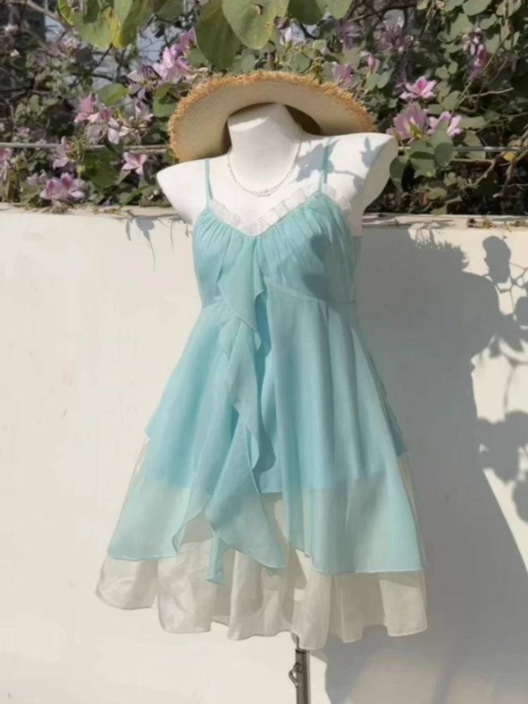 

Y2k Aesthetic Two Pieces Set Women Irregular Ruffled Patchwork Slip Tank Top + A-Line Solid Color Mini Skirts Summer Grunge Suit