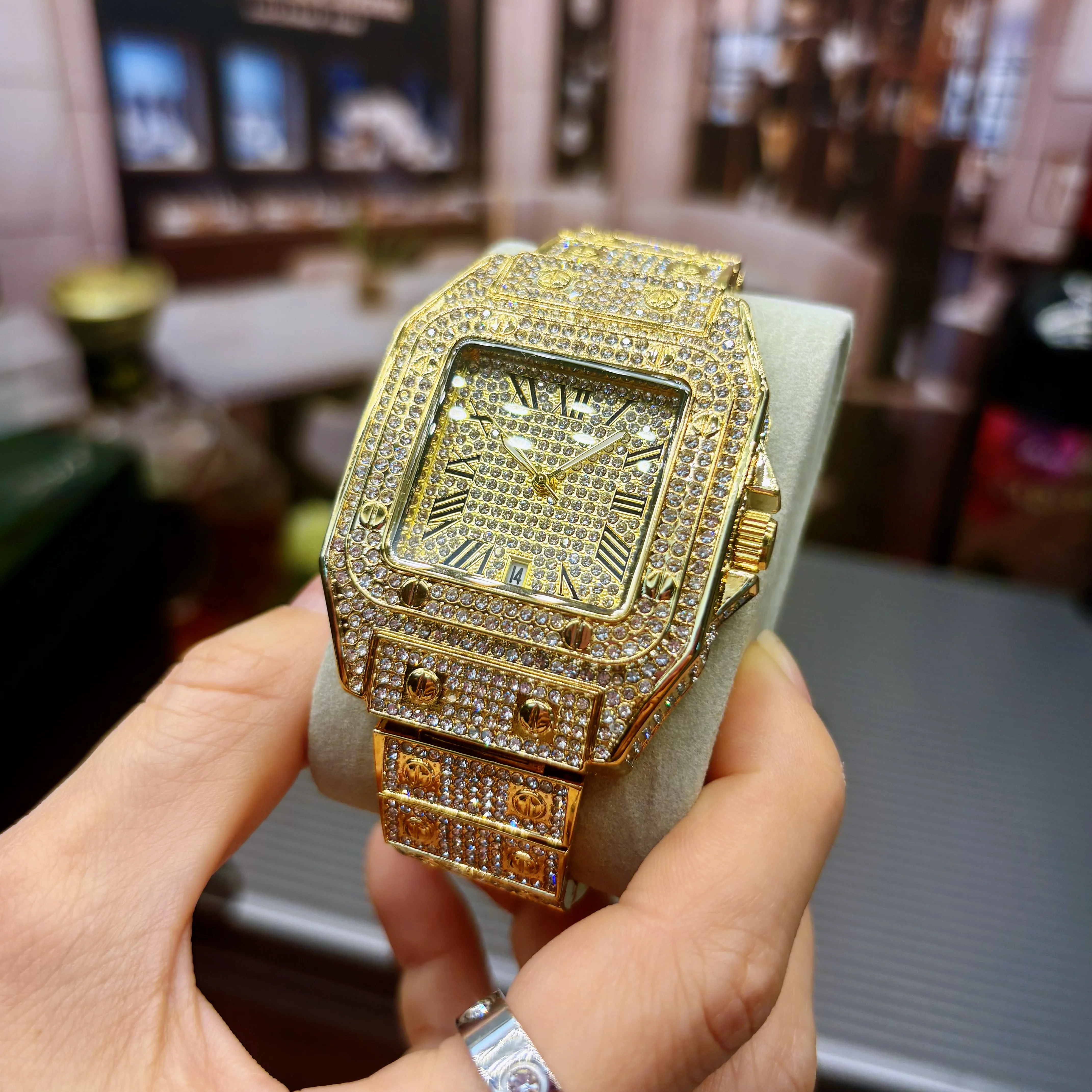 Luxury Men's Full Diamond Square Watch | Ice Crystal Quartz Watch | Roman Numeral Date Function | Hip-Hop Shiny Watch | The Perfect Gift for Birthdays, Anniversaries, and Business Occasions.