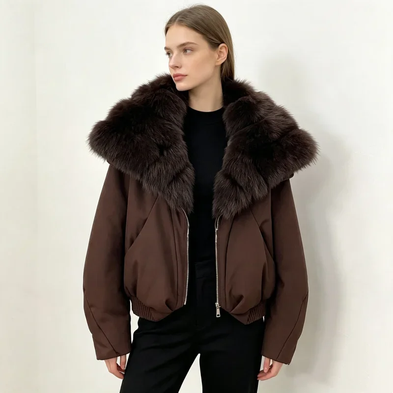 OFTBUY Neue Winter Luxus Warme Kurze Daunenparka Damen Weiße Entendaunen Pufferjacke Übergroßer Echter Fuchspelz Puffermantel für Frauen – Detail 4