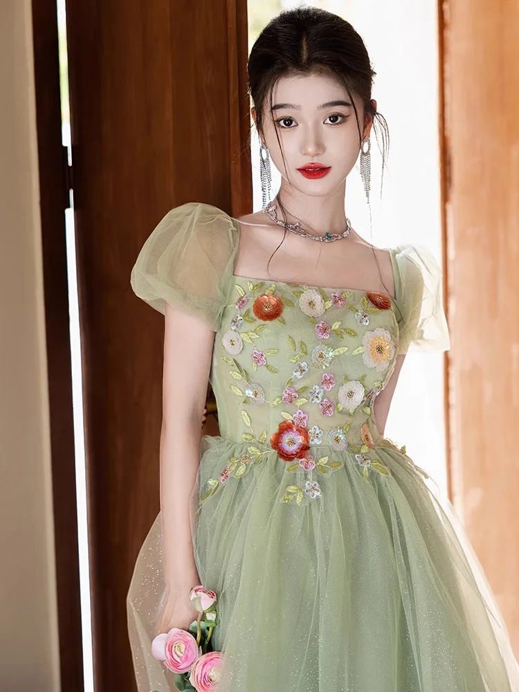 Zielona sukienka wieczorowa z kwadratowym dekoltem, lekka elegancja, krótkie rękawy, tiulowe sukienki na przyjęcia, eleganckie aplikacje, suknie na ceremonie dla dorosłych.