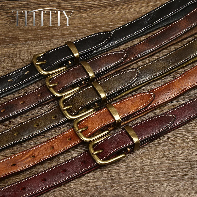 2.3cm Width Fashion Genuine Leather Belt for Women Korean Trendy Personality Retro Wrinkled Cowhide Pants Waist Belt Pin Buckle