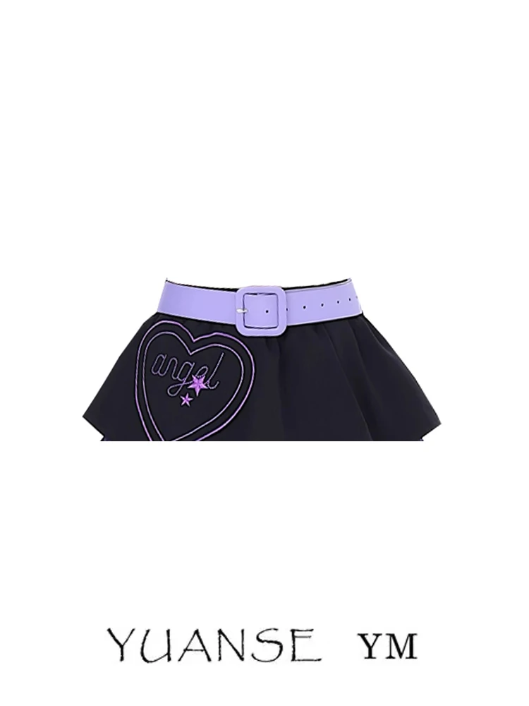 Japanese Millennium Hot Girl Style Heart Printing Plaid Short Stitching Y2K Skirt High Waist A-line Mini Pleated Skirts Women