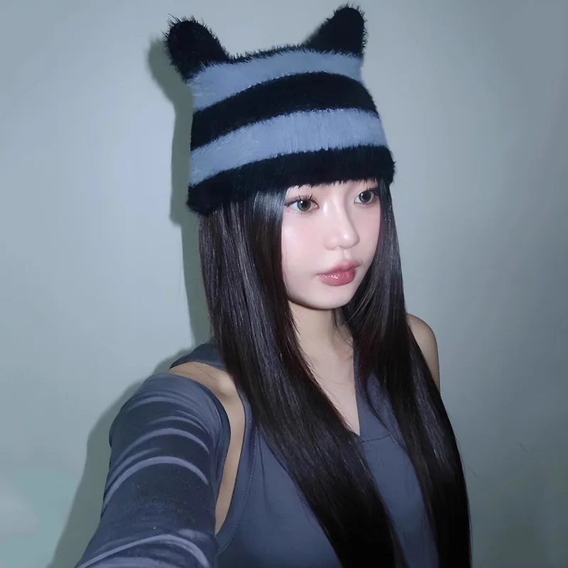 AutumnWinter 2024 Cute Cat's ears Style Hat Female Fashion ins Stripe Plush Knit Hat Wool Hat