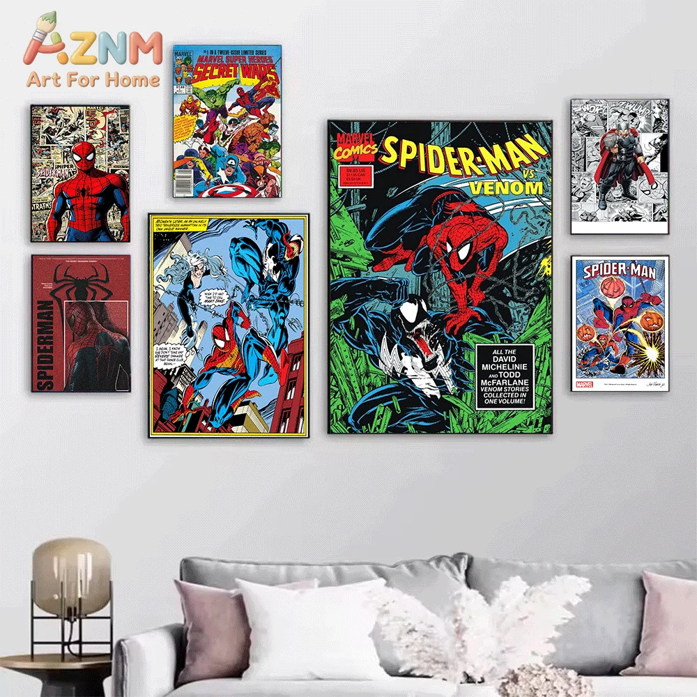 AZNM Spiderman Close‑Up Marvel Comics Vintage Cover Canvas Wall Print, Retro Superhero Comic Book Character Art Poster, Unfram